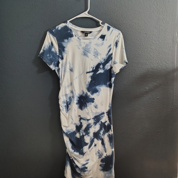 Lauren Ralph Lauren Dresses & Skirts - Lauren Ralph Lauren Blue and White Tie-Dye Midi Side Ruched T-shirt Dress